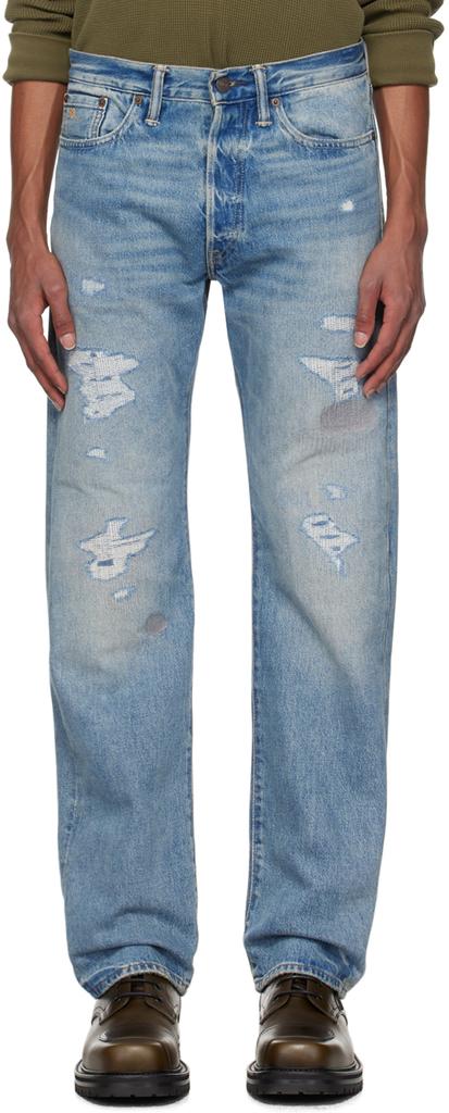 RRL Blue Straight Fit Repaired Jeans
