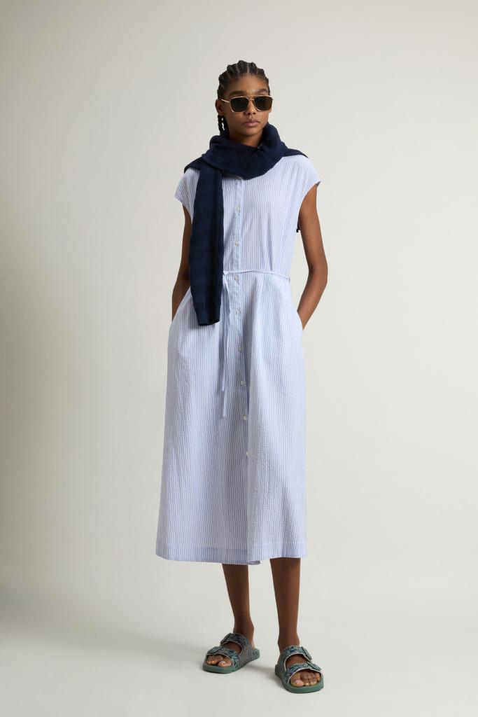 Woolrich Stretch Seersucker Cotton Shirt Dress - Women - Blue