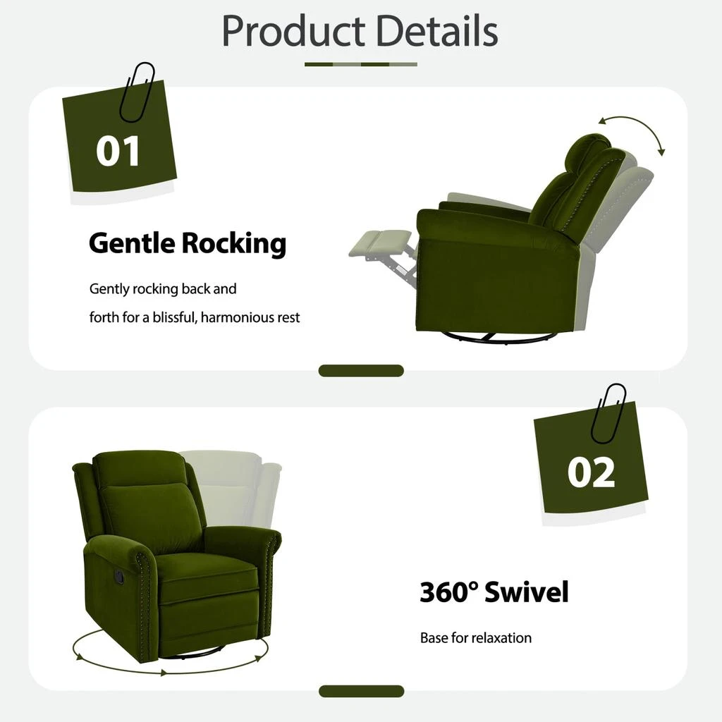 Streamdale Furniture Streamdale 360 Swivel Rocking Recliner, Adjustable Back, Green 4