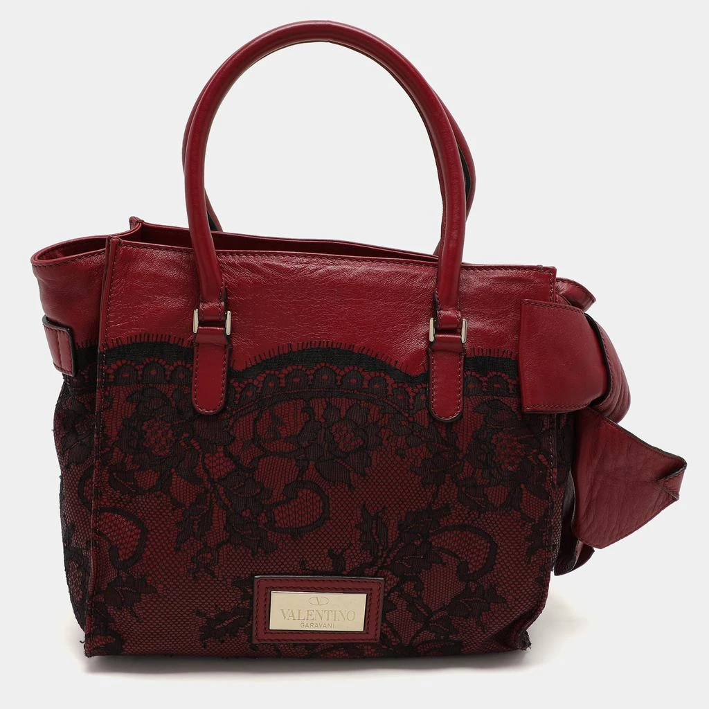 Valentino Valentino Dark Red/Black Leather and Lace Bow Tote 1