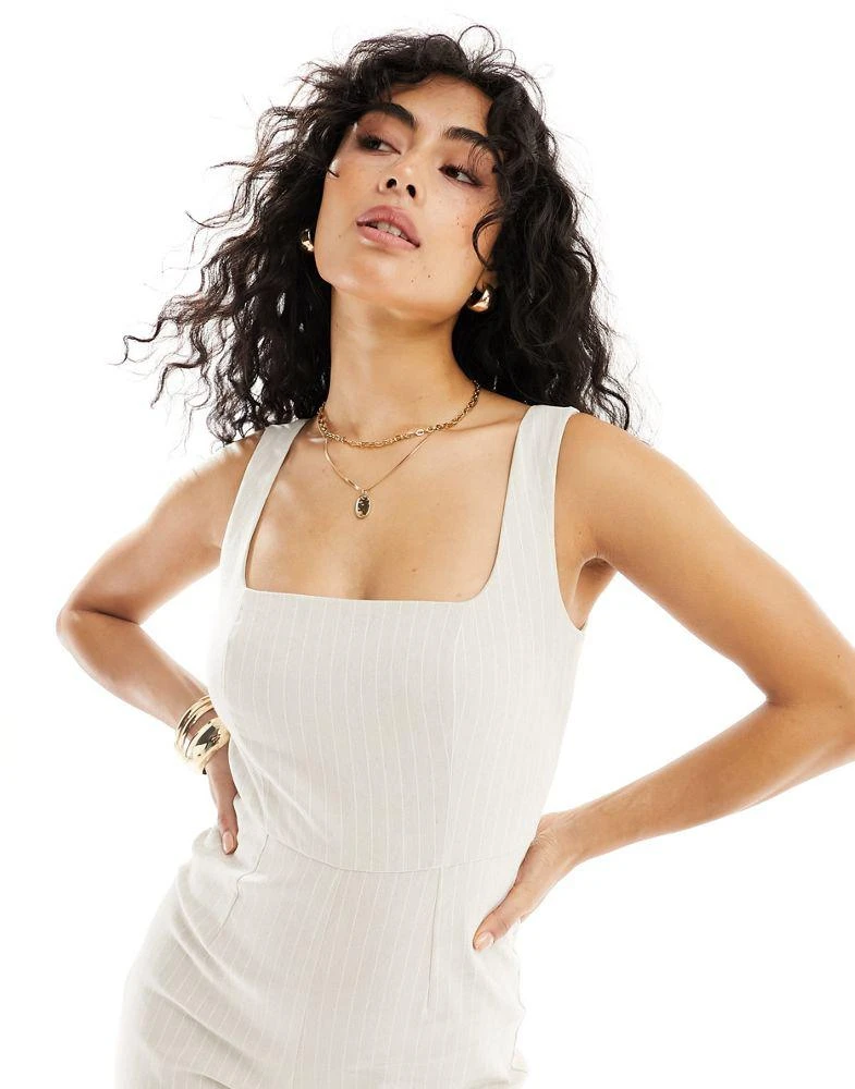 ASOS ASOS DESIGN square neck flare leg tailored jumpsuit in stone stripe 2