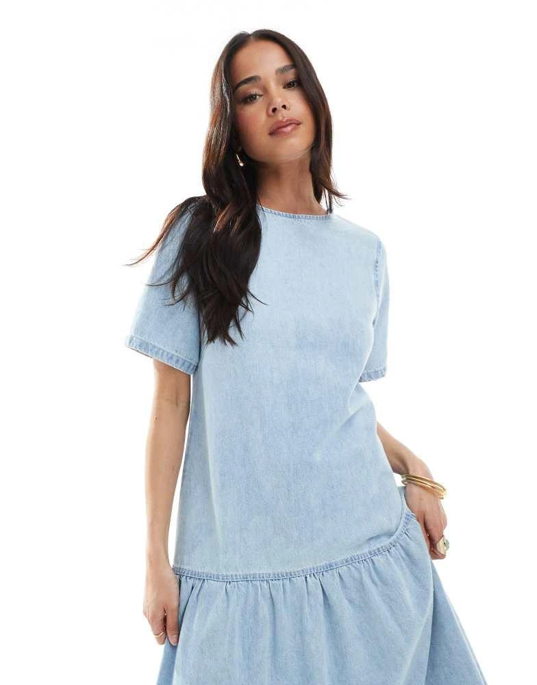 Shop ASOS DESIGN denim t-shirt midi dress with drop waist in midwash blue  on Sale at BeyondStyle  Get 10% Off ASOS DESIGN denim t-shirt midi dress  with drop waist in midwash