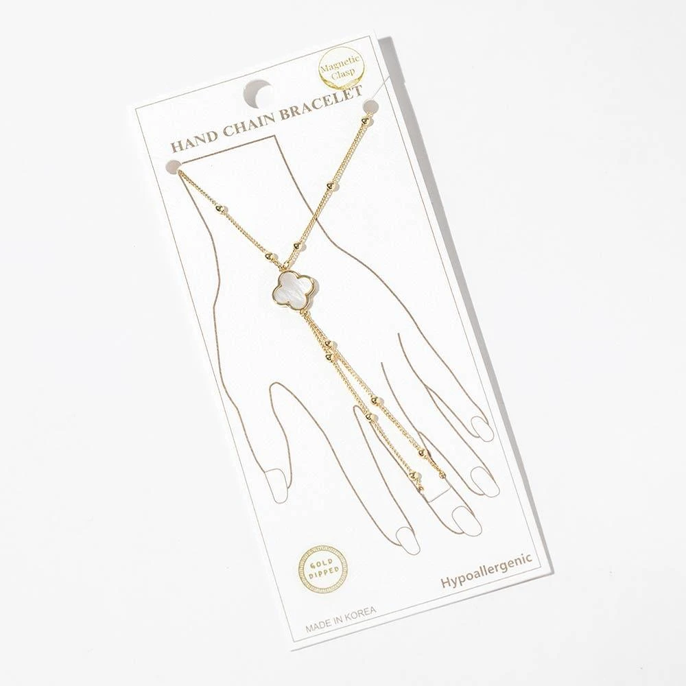 FASHNZFAB Gold Dipped Beaded Mother of Pearl Quatrefoil Accent Hand Chain Magnetic Bracelet