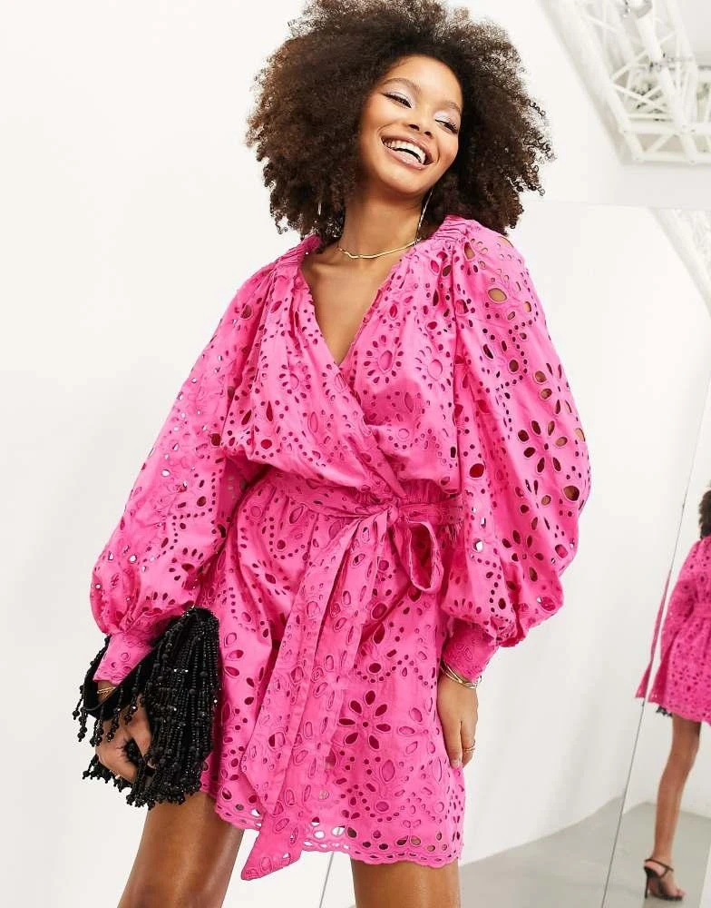 ASOS ASOS EDITION broderie wrap belted mini dress in bright pink 1