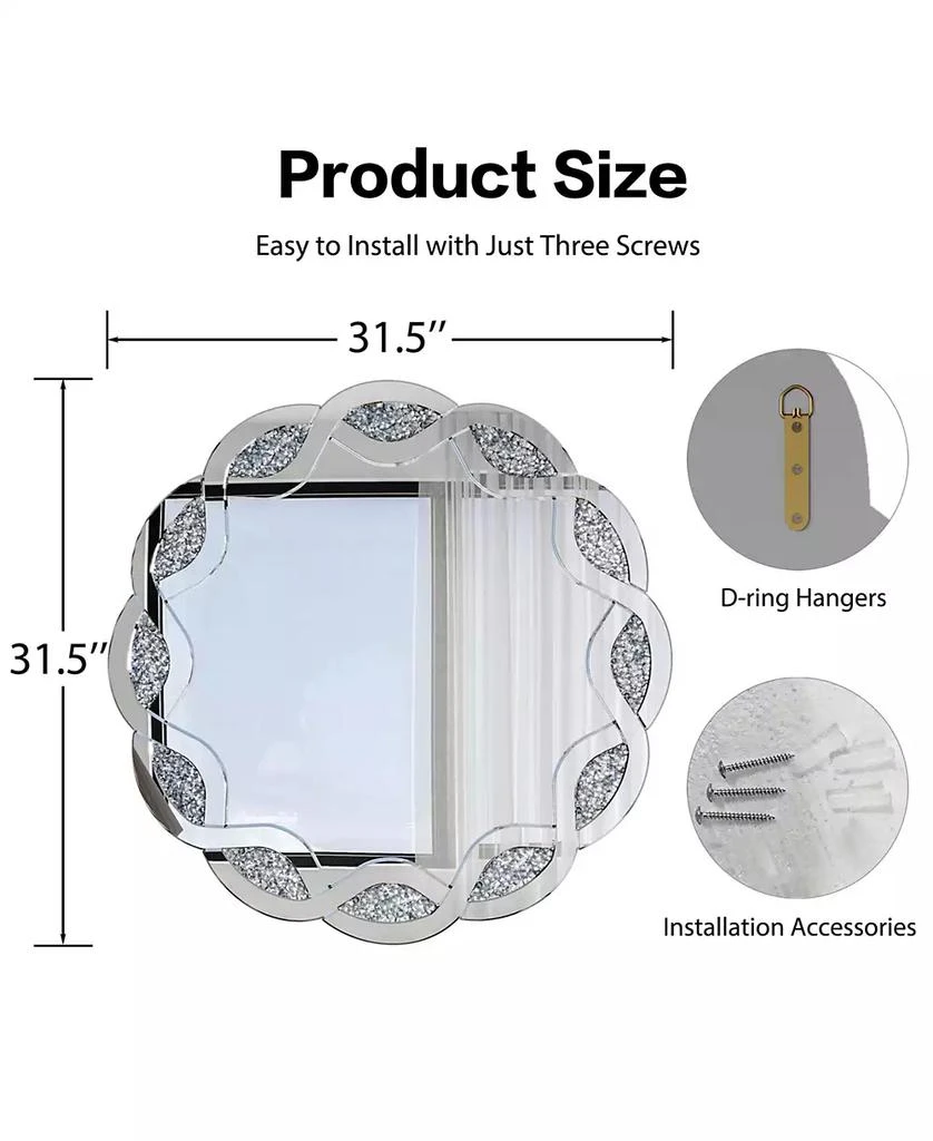 BUSDAYS Crush Diamond Round Wall Mirror,31.5 Inch Wave Frame Decorative Mirror for Living Room,Bathroom,Bedroom,Hallway,Heavy Duty Frame 3