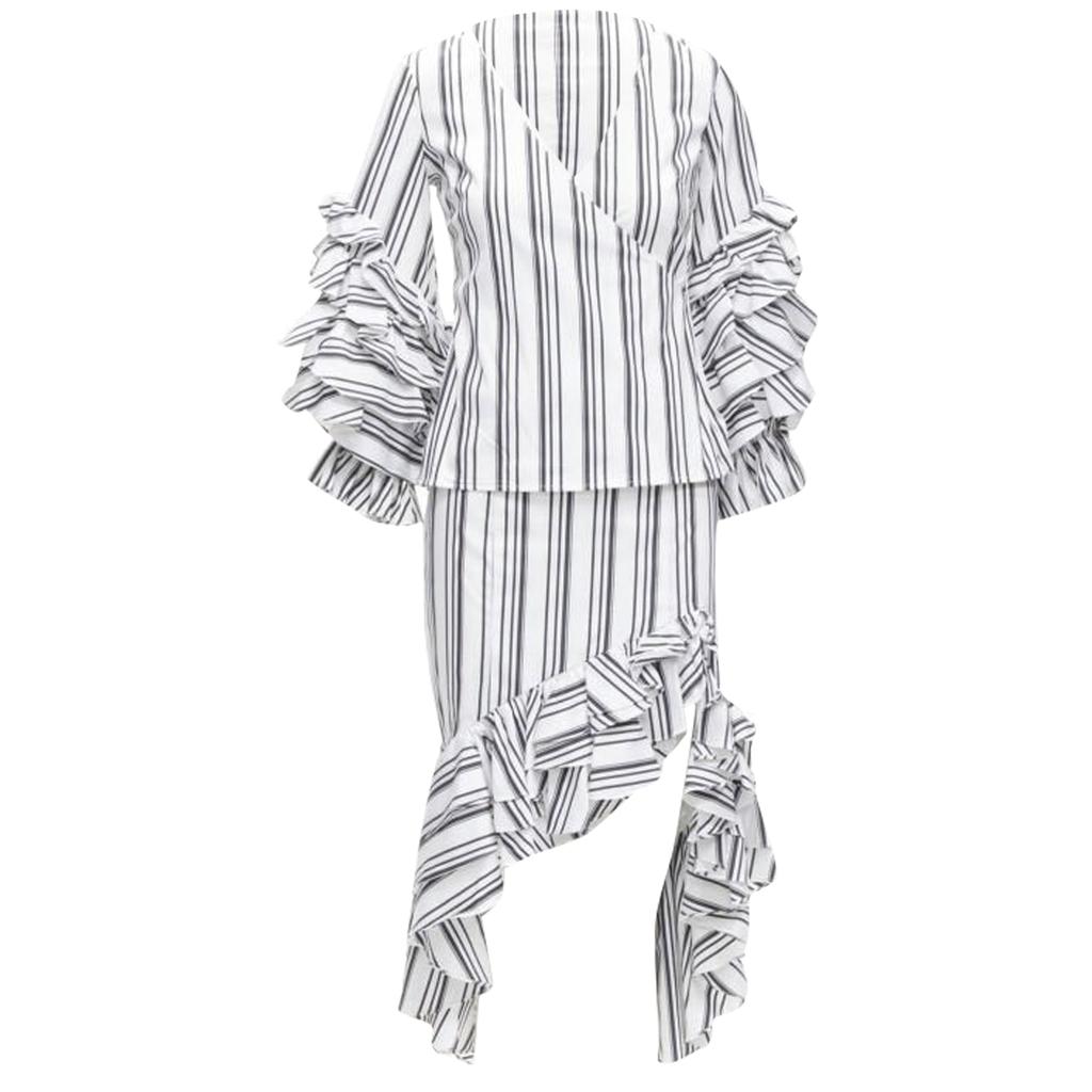 CAROLINE CONSTAS ruffled stripes wrap top high low skirt set