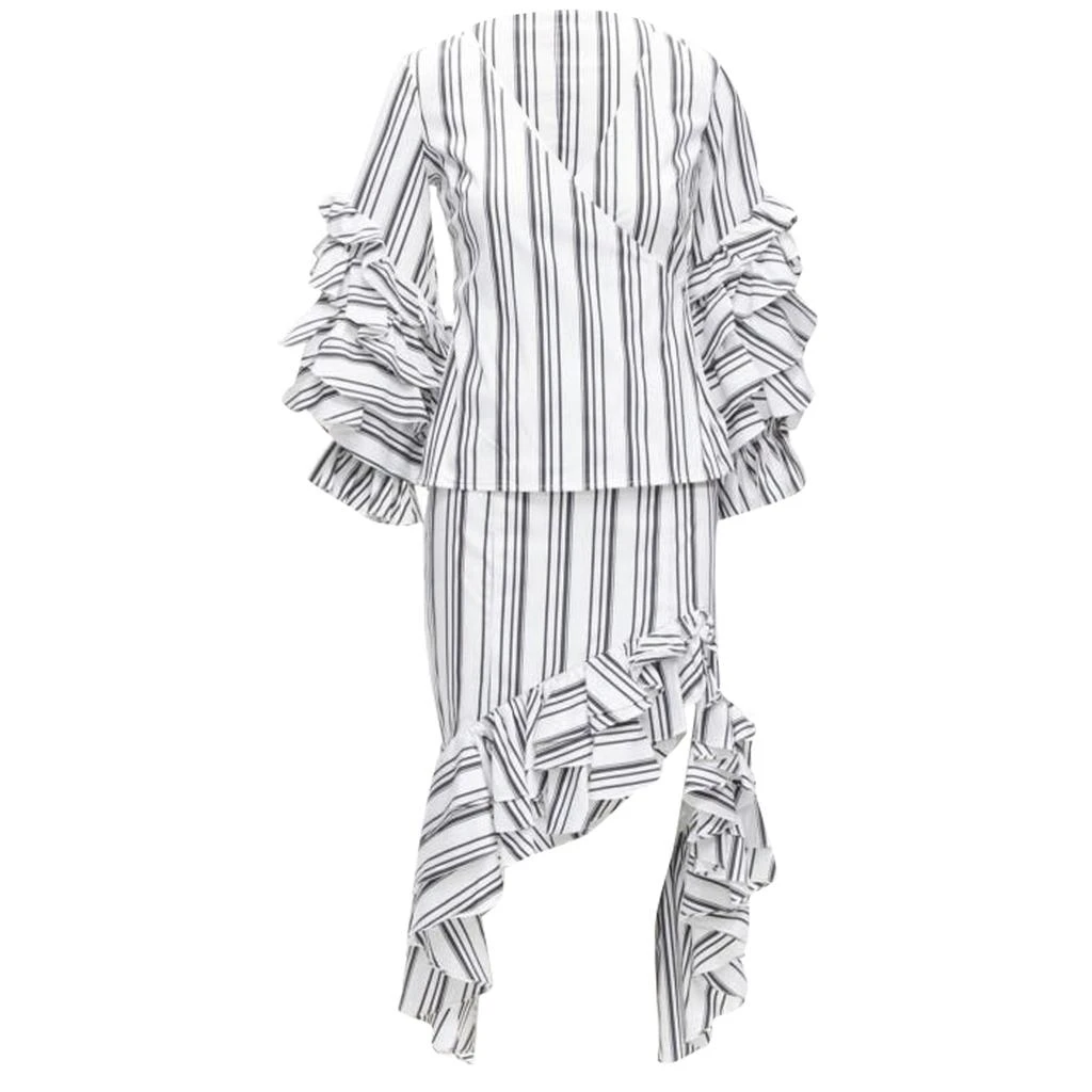 CAROLINE CONSTAS ruffled stripes wrap top high low skirt set 1