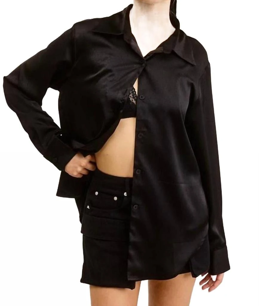 Mimosa Satin Button Down Long Sleeve Blouse In Black 1