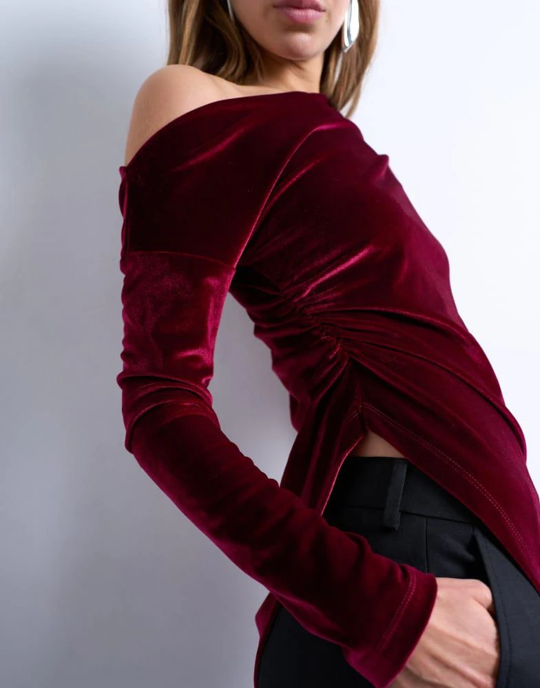 Topshop velvet off the shoulder tunic long sleeve top in burgundy-Purple