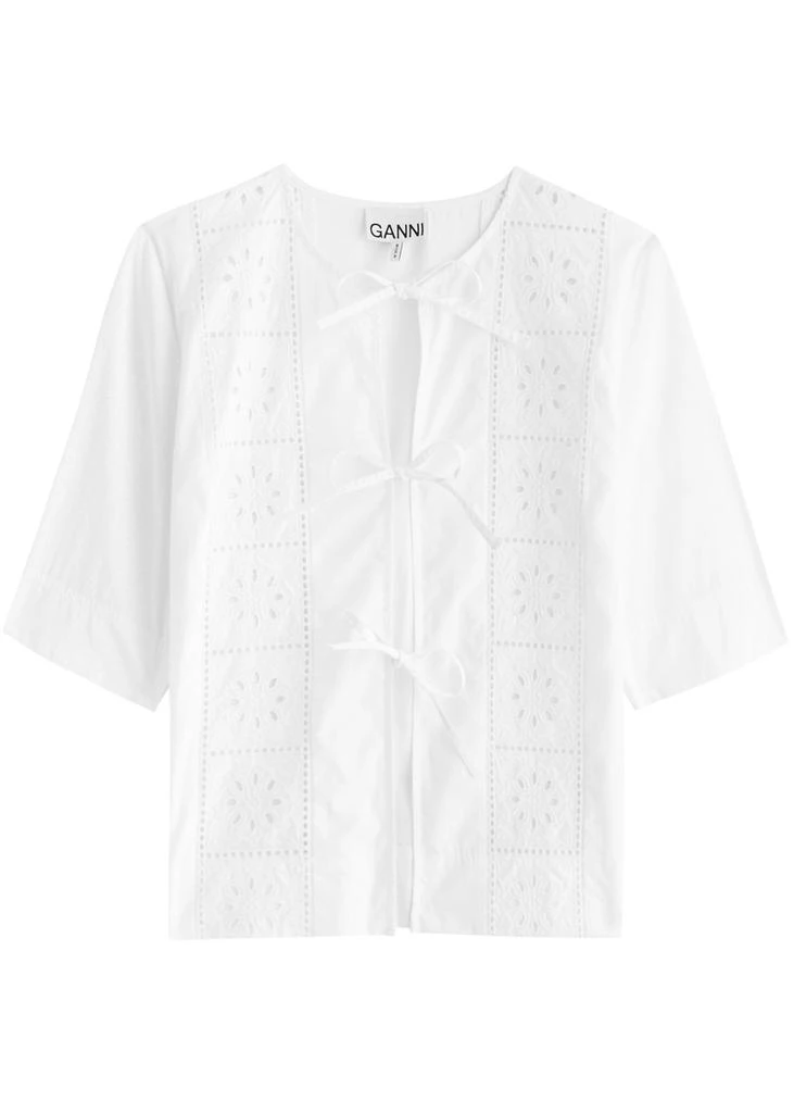 Ganni Broderie anglaise tie-front cotton top 1
