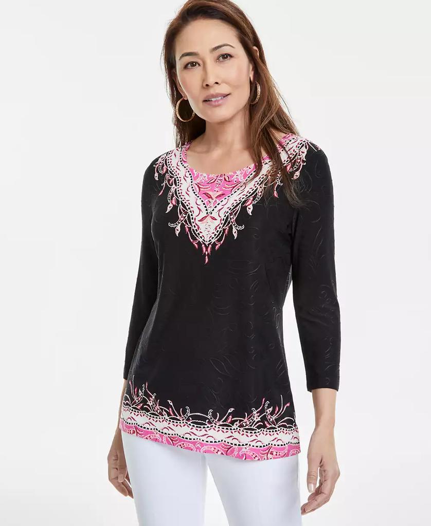 JM Collection Women's Printed Jacquard 3/4-Sleeve Top, Exclusively at Macy's