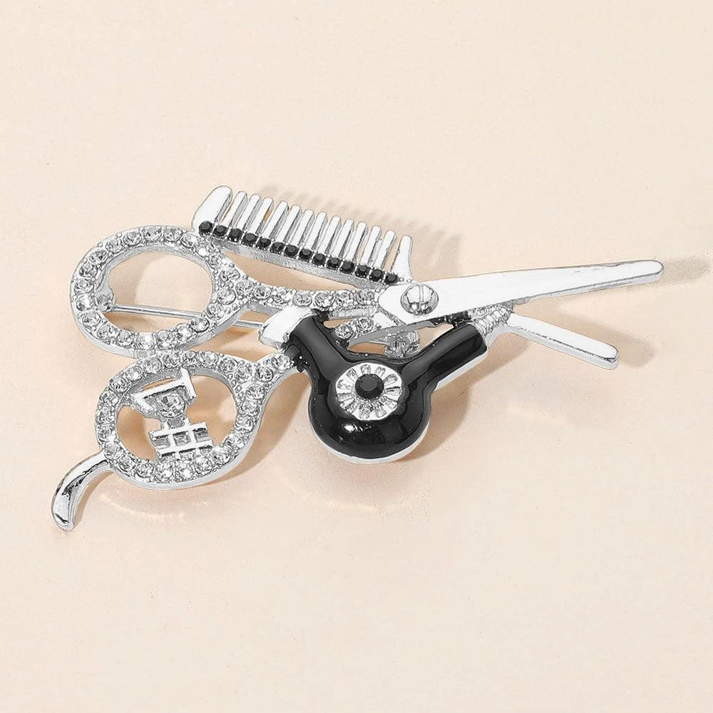 FASHNZFAB Rhinestone Embellished Hairdresser Tools Pin Brooch