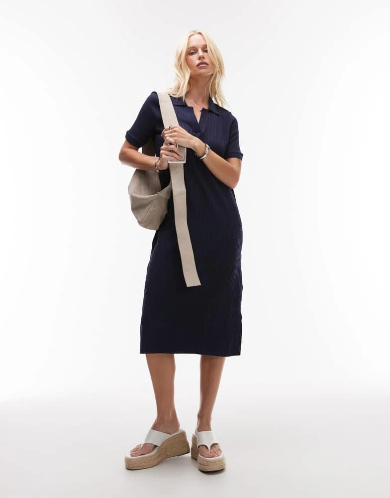 Shop ARKET jersey rib midi polo dress in navy on Sale at