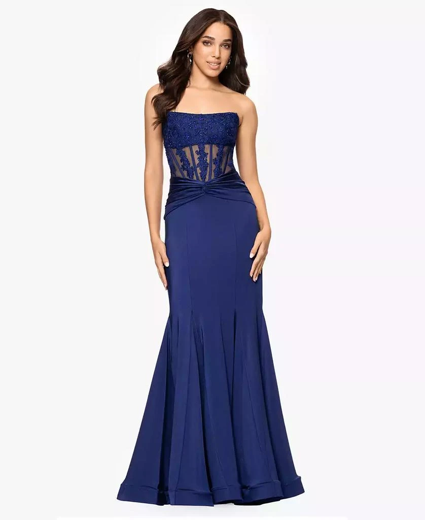 Blondie Nites Juniors' Embroidered Corset Trumpet Gown 1