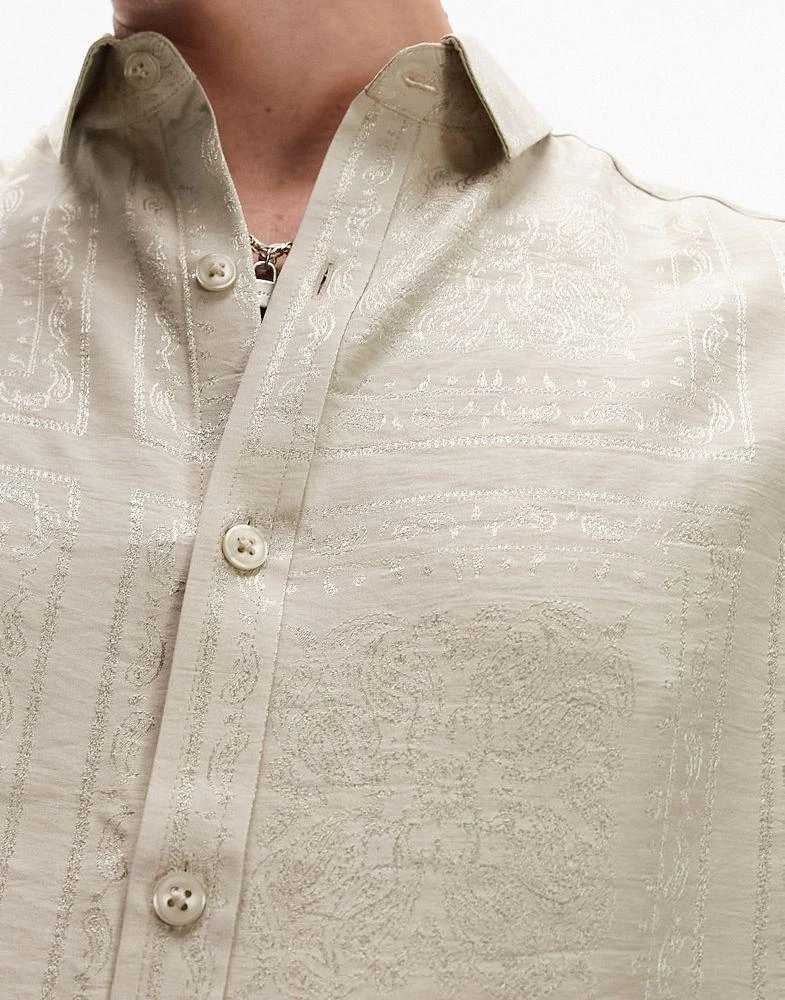 Topman Topman short sleeve relaxed fit bandana jacquard shirt in stone 4