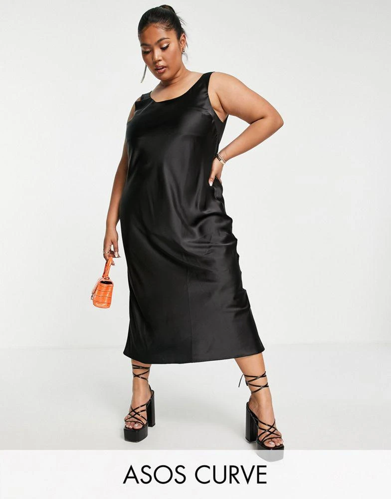 ASOS ASOS DESIGN Curve scoop neck midi satin slip dress in black 2