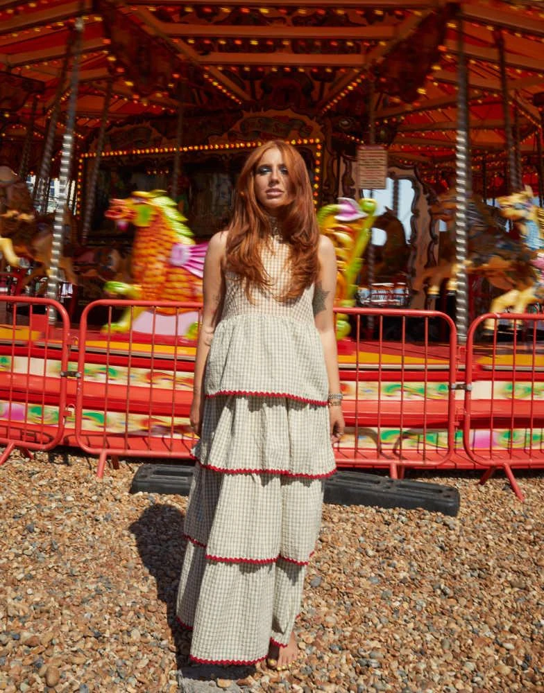 Labelrail Labelrail x Laura Elizabeth Klein gingham ruffle tiered maxi halter dress in multi 1