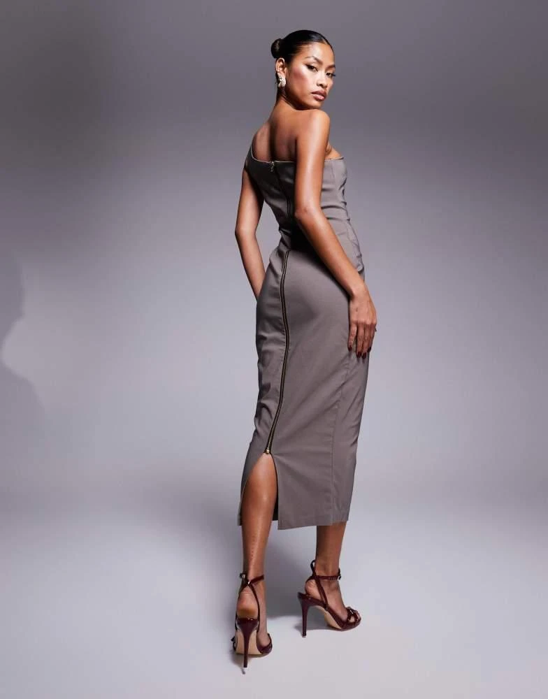 Vesper Vesper bengaline one shoulder midaxi dress in taupe 3