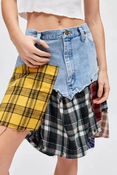 Urban Renewal ReMADE By UO Spliced Flannel Denim Mini Skirt 3