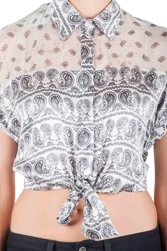 PIERRE BALMAIN Pierre Balmain White Paisley Printed Silk Semi-Sheer Tie-Knot Crop Top L 3