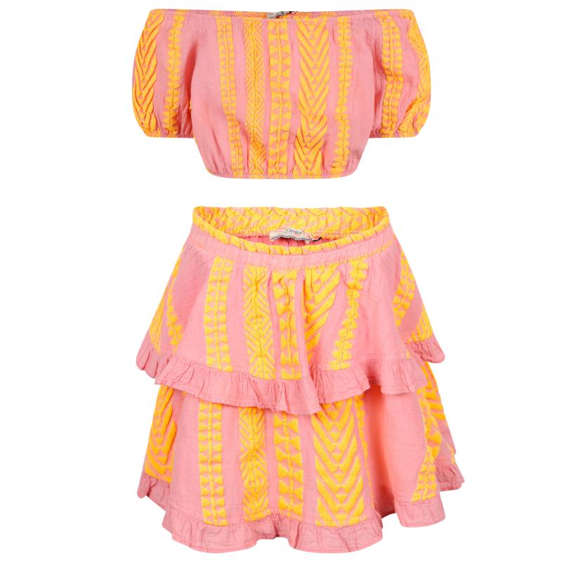 Devotion Geometric print cold shoulders cropped blouse and ruffled skirt set in neon orange and pink