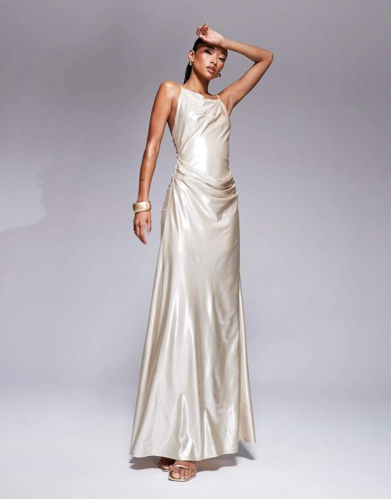 ASOS ASOS DESIGN metallic high neck maxi dress with open back detail in gold 1