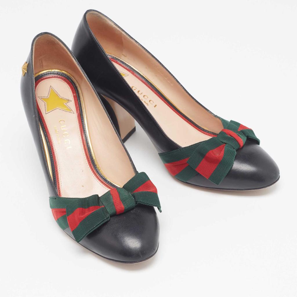 Gucci Gucci Black Leather Web Bow Block Heel Pumps 35.5
