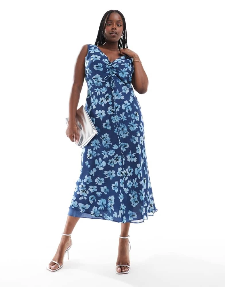 Shop ASOS DESIGN Curve V neck midi dress with ruched bust detail in blue  floral on Sale at BeyondStyle  Get 54% Off ASOS DESIGN Curve V neck midi  dress with ruched