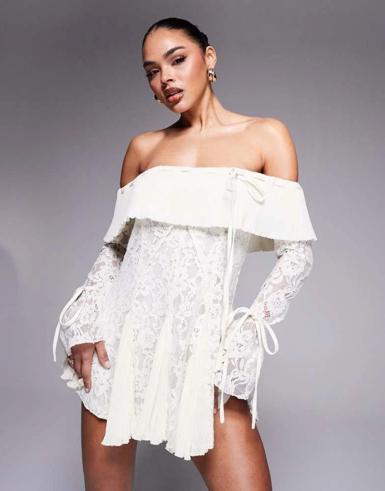 cream lace fit and flare dress Fit&Flare Lace Wedding Dresses Off-the-shoulder Sleeves – loveangeldress main image 1