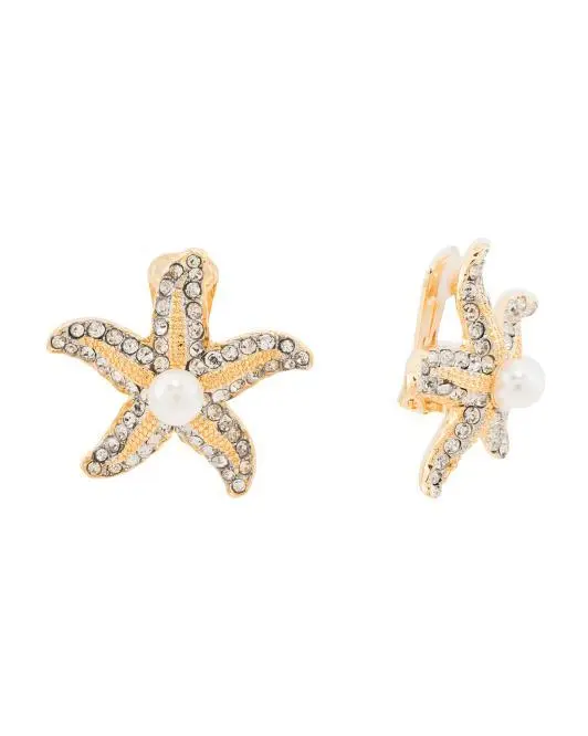 Kenneth Jay Lane Gold Rhinestone Starfish Faux Pearl Center Earrings