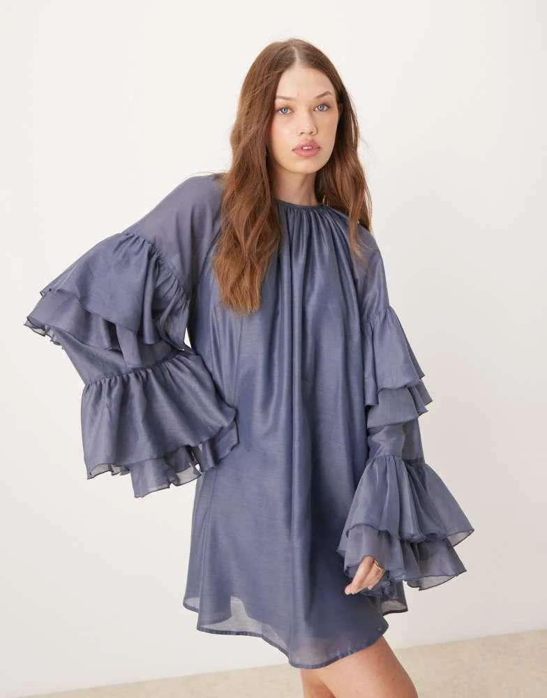 ASOS ASOS DESIGN frill sleeve voile mini dress in slate blue 2
