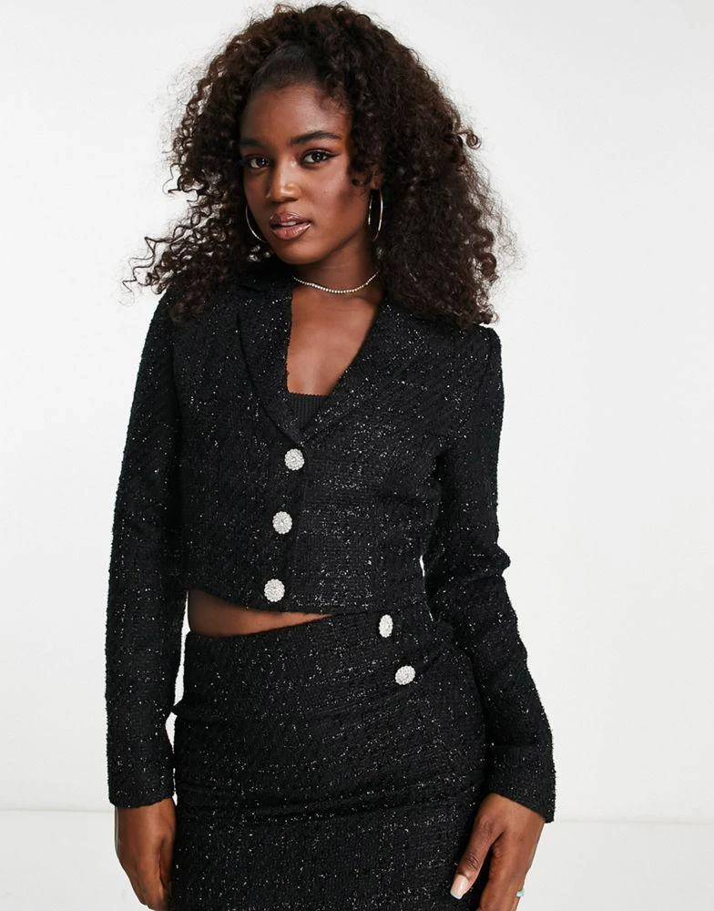 Miss Selfridge Miss Selfridge crop boucle blazer with dimante buttons co-ord in black 1