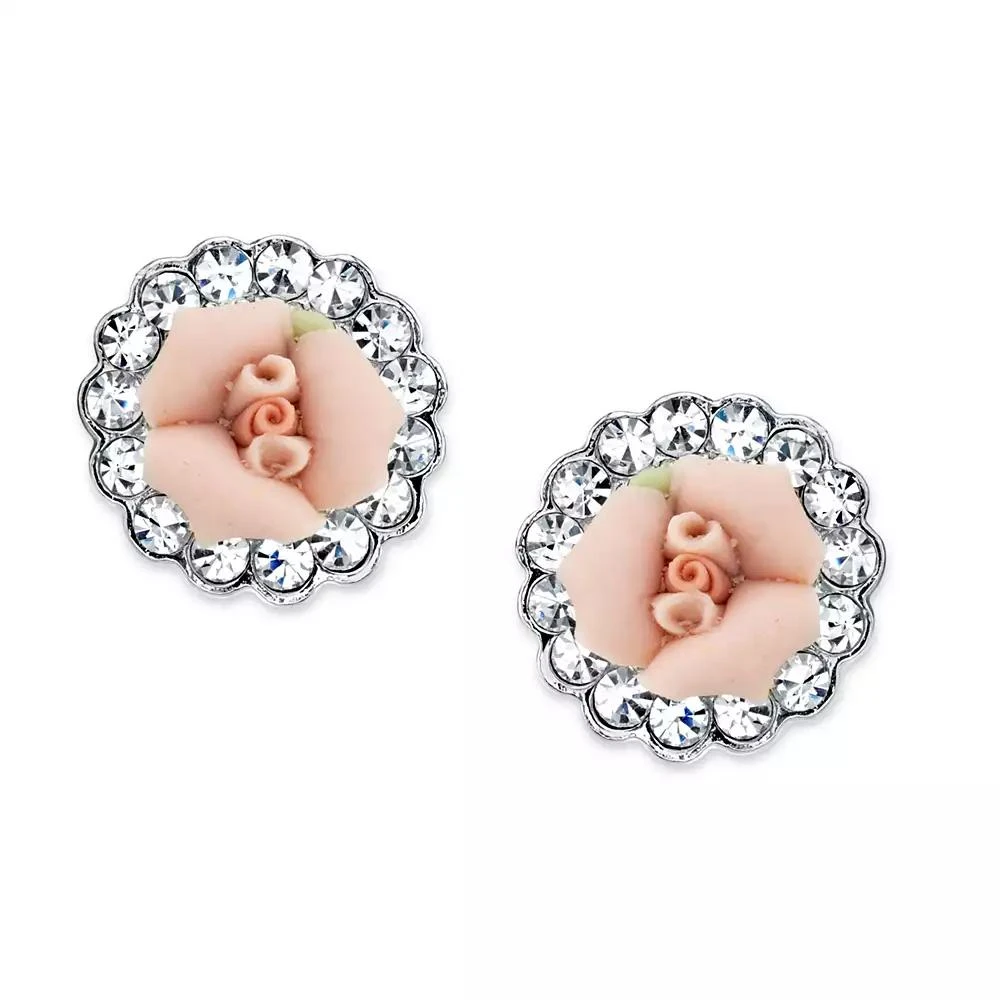 2028 Silver-Tone Crystal and Pink Porcelain Rose Button Earrings
