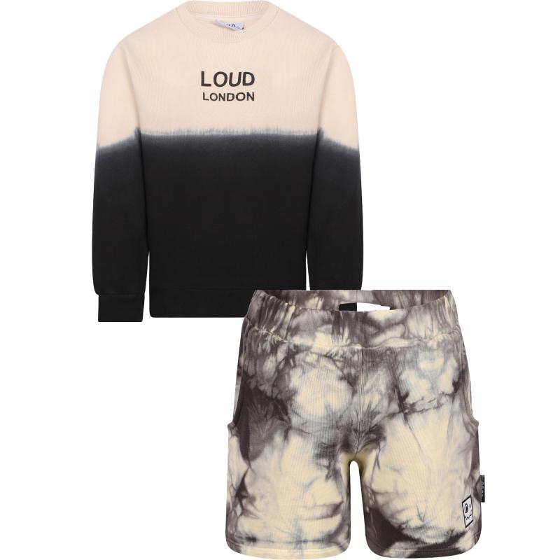 Loud Apparel Tie dye organic logo sweatshirt and shorts set in black and white