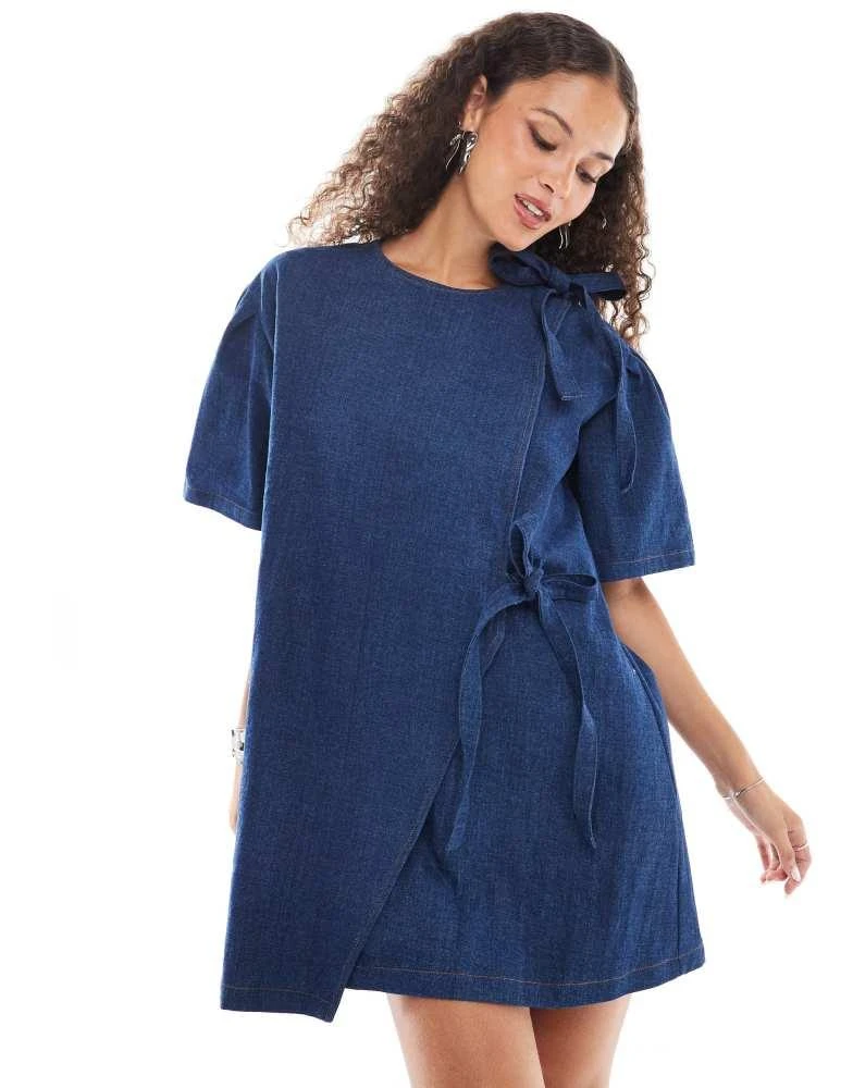 Ghospell Ghospell bow detail textured mini dress in dark wash denim 3
