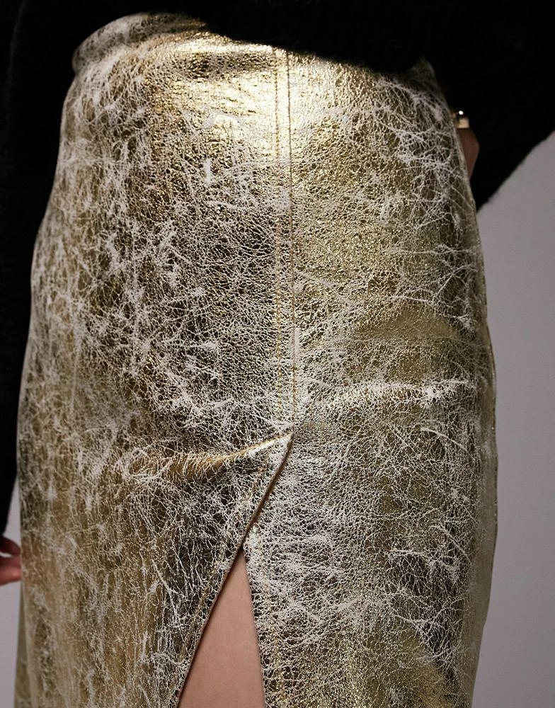 Topshop Topshop leather look split seam midi skirt in gold 4