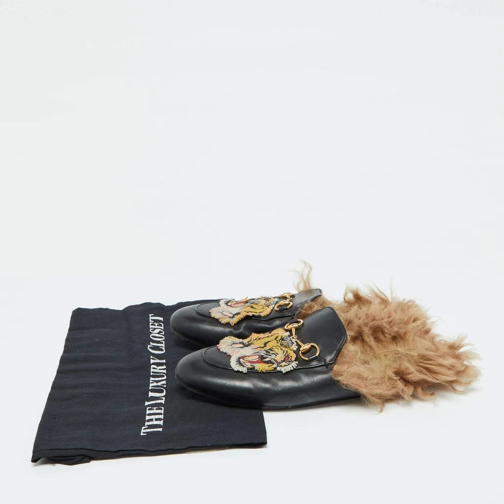 Gucci Gucci Black Leather and Fur Tiger Embroidered Princetown Mules Size 39 9