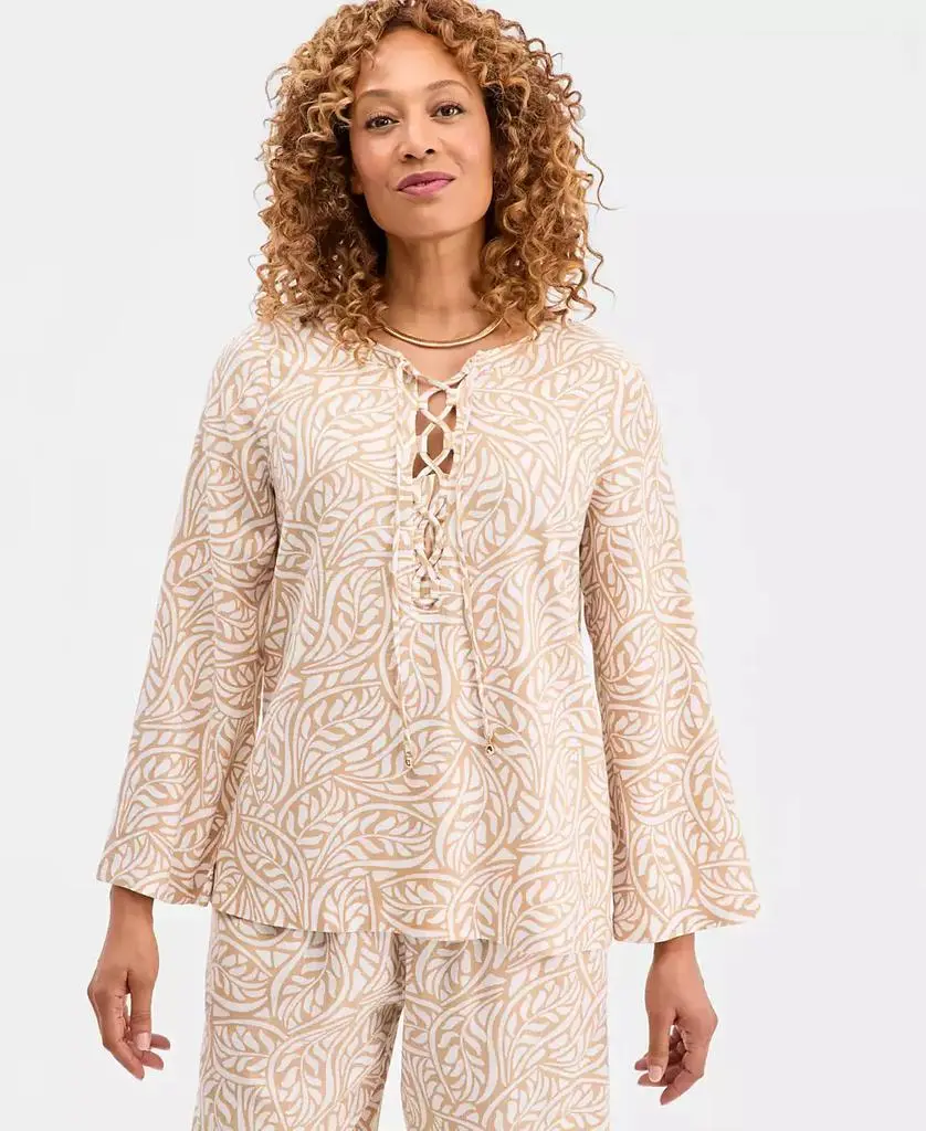 JM Collection Women's Printed Lace-Up Linen-Blend Top, Macy's Exclusive