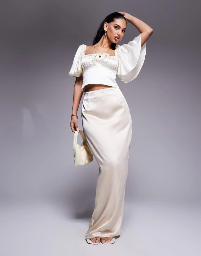 Kaiia Kaiia exclusive satin bodycon bow trim detail maxi skirt in cream 1