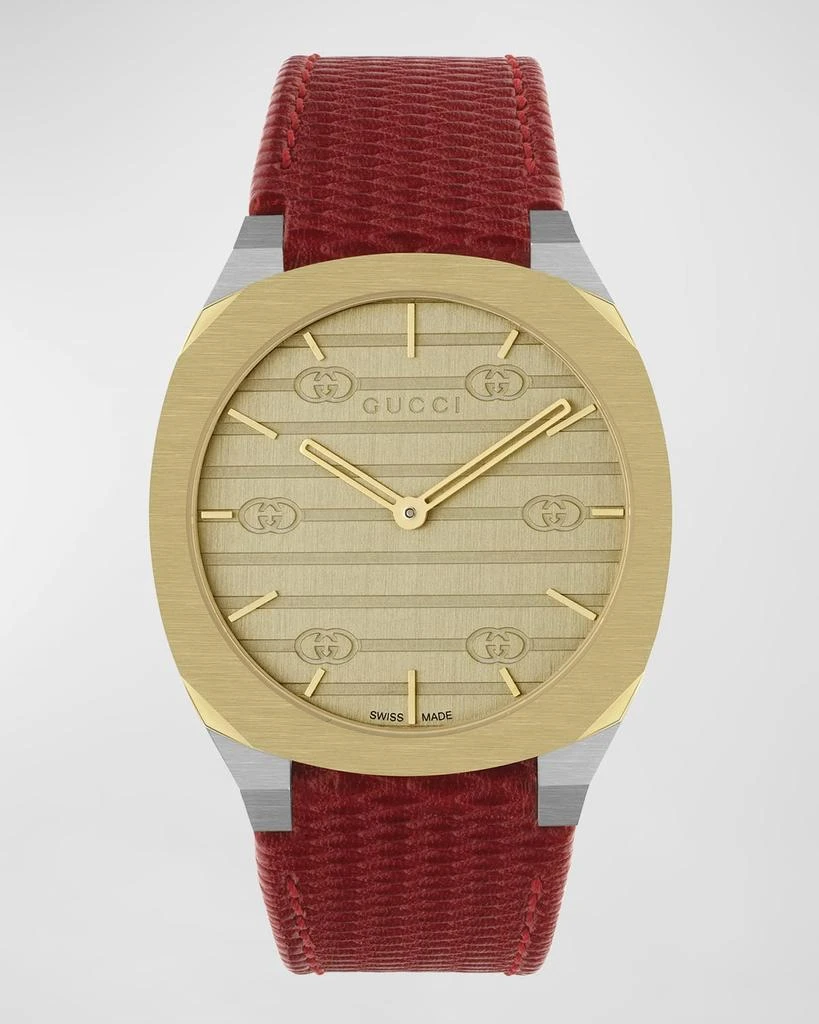 Gucci 34mm 25H Quartz Watch with Leather Strap, Red 5
