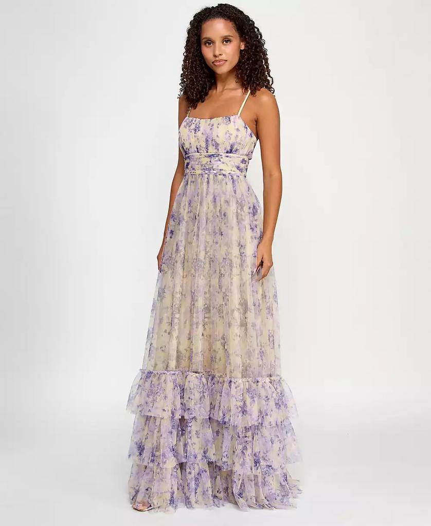 City Studios Juniors' Printed Tulle Ruffle-Hem Gown, Created for Macy's