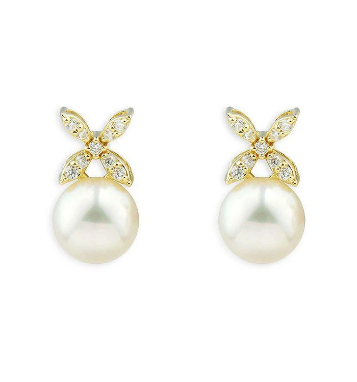 Cultured Freshwater Pearl & Diamond Stud Earrings in 14K Yellow Gold