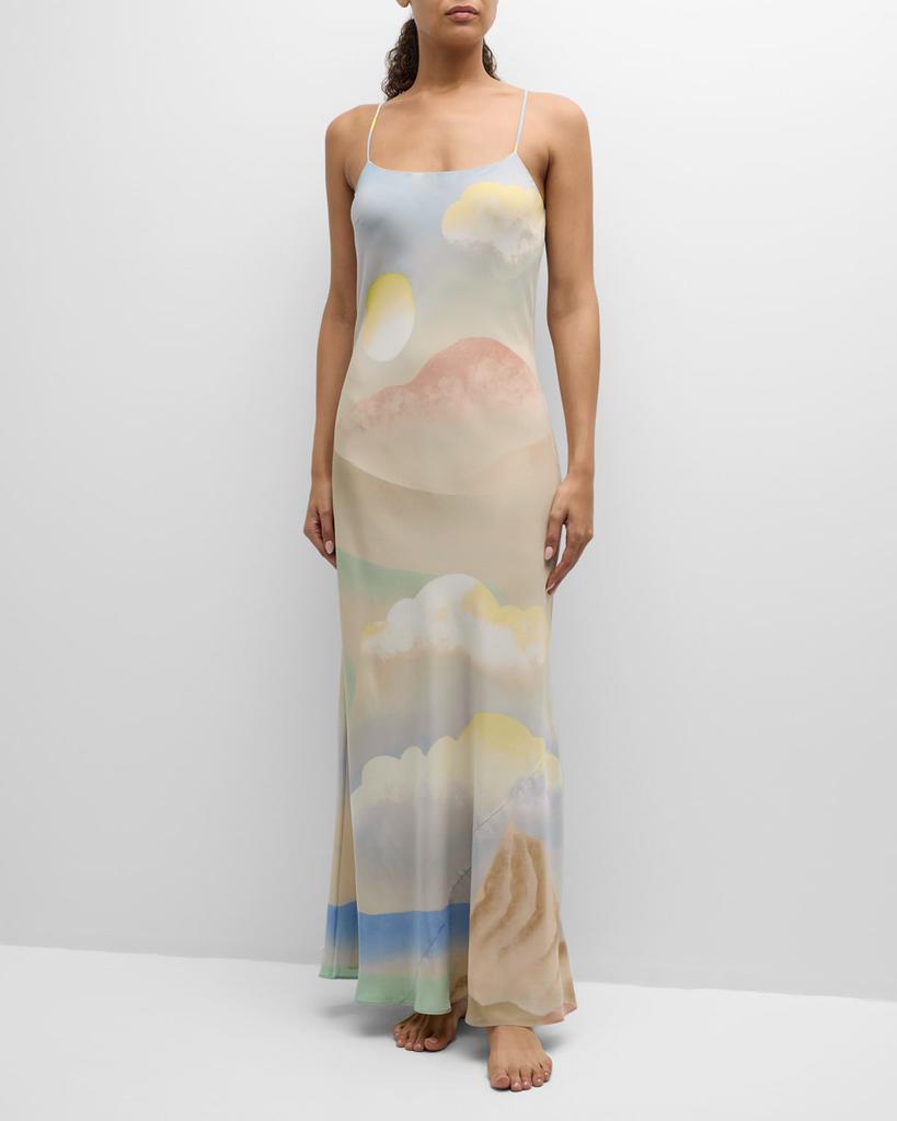 OLIVIA VON HALLE Olympia Landscape-Print Silk Slip Dress
