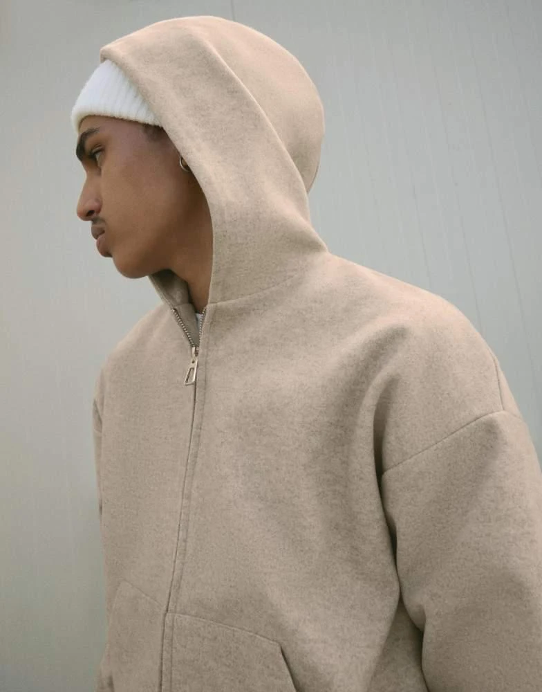 Shop Bershka Felt texture zip-up hoodie in stone on Sale at