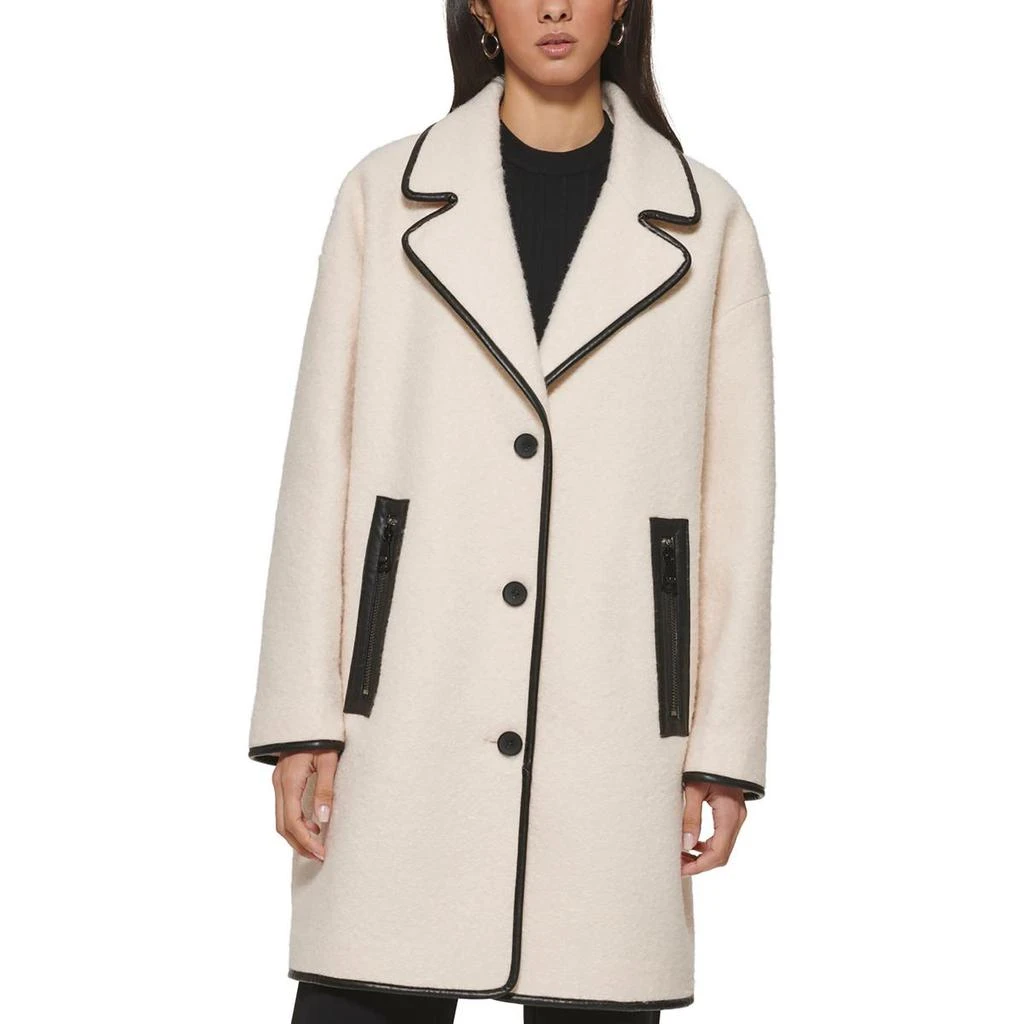 DKNY Womens Nubby Knit Faux Leather Trim Teddy Coat 3