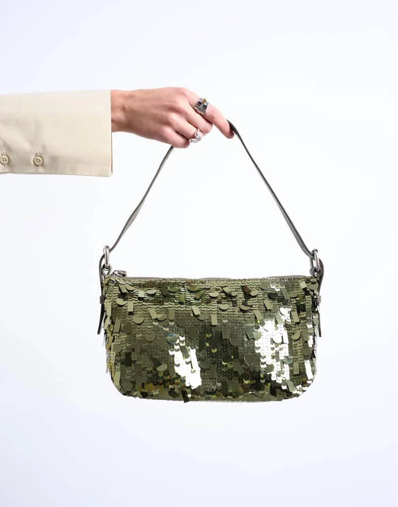 Topshop Topshop Sol shoulder sequin bag with leather handle in khaki 3