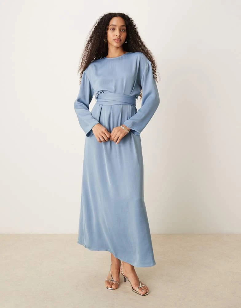 fitted lace wedding dress Elegant Steel Blue Strap Knot Satin Ruffle V-Neck Maxi Dress with Middle  Slit main image 0