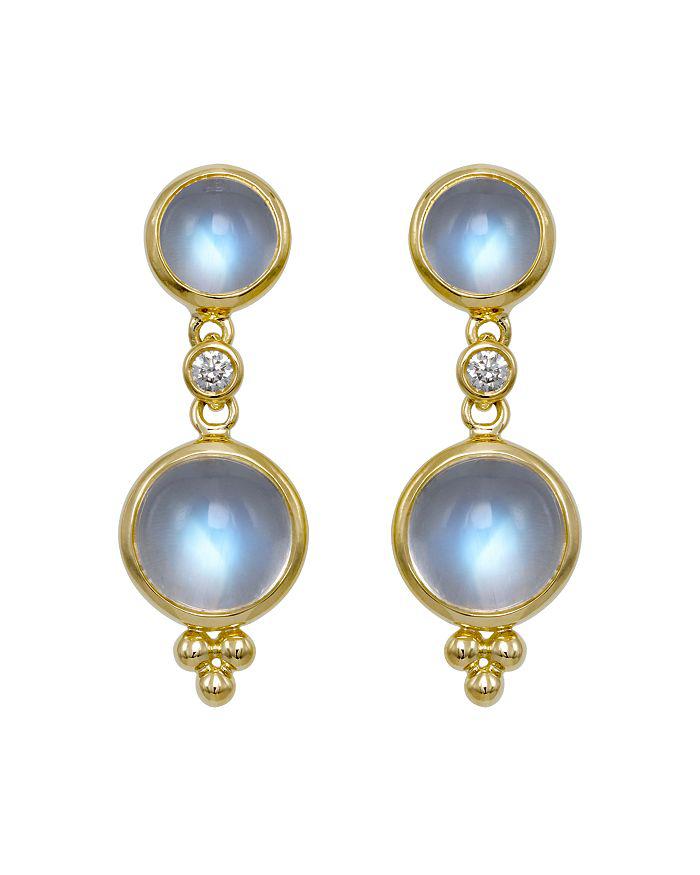 Temple St. Clair Temple St. Clair Double Drop Earrings with Royal Blue Moonstone and Diamond in 18K Yellow Gold