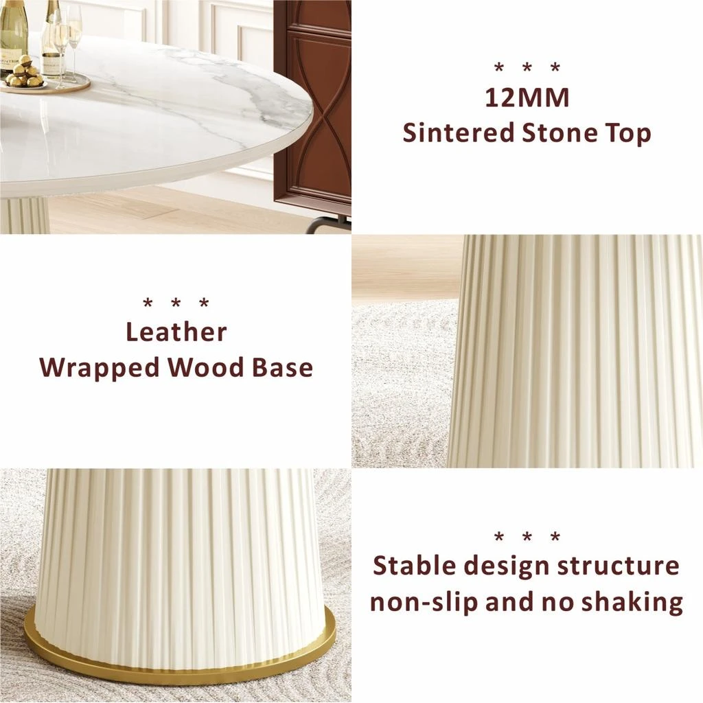 Streamdale Furniture Streamdale Modern 43.3" Round Dining Table, Glossy Sintered Stone Top, PU Leather Pedestal 4