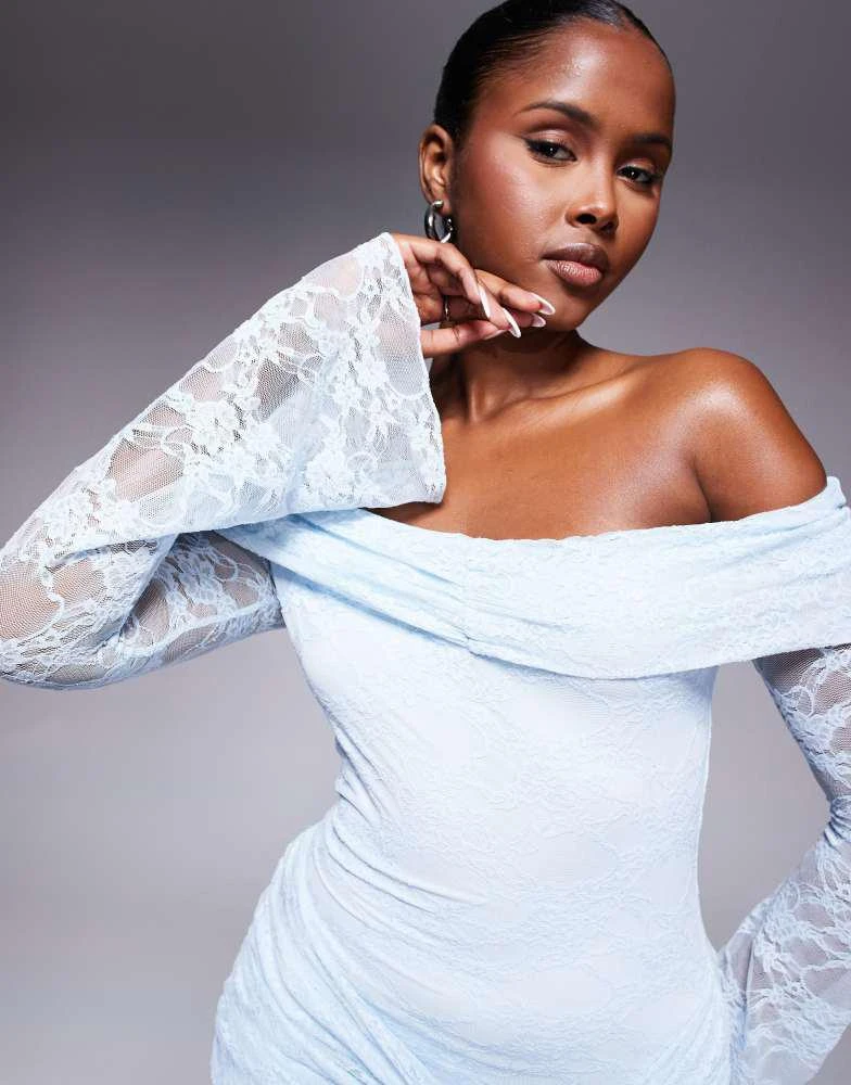 Kaiia exclusive double layered slinky lace bardot tie front drape detail  mini dress in baby blue  On Sale Now with Up to 70% Off | Discover  Exclusive Deals & Savings at